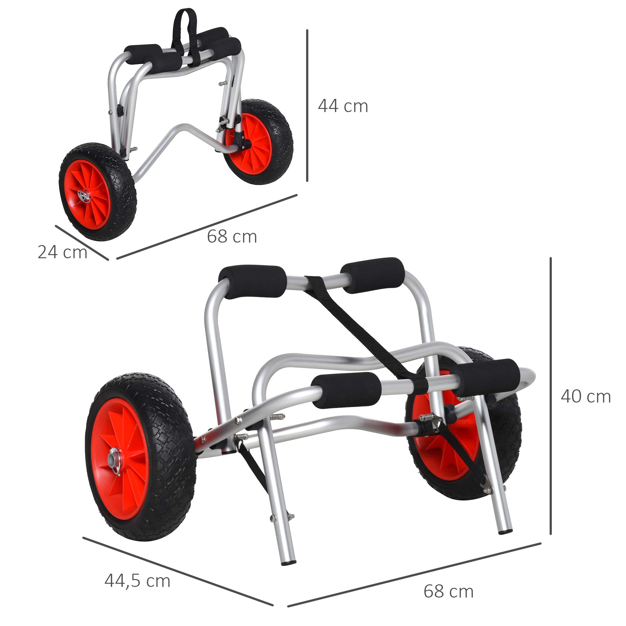 HOMCOM Alu Kanuwagen Kajakwagen Surfwagen klappbar mit Gurt Kunstleder-Räder Silber bis 75 kg 68 x 44,5 x 40 cm