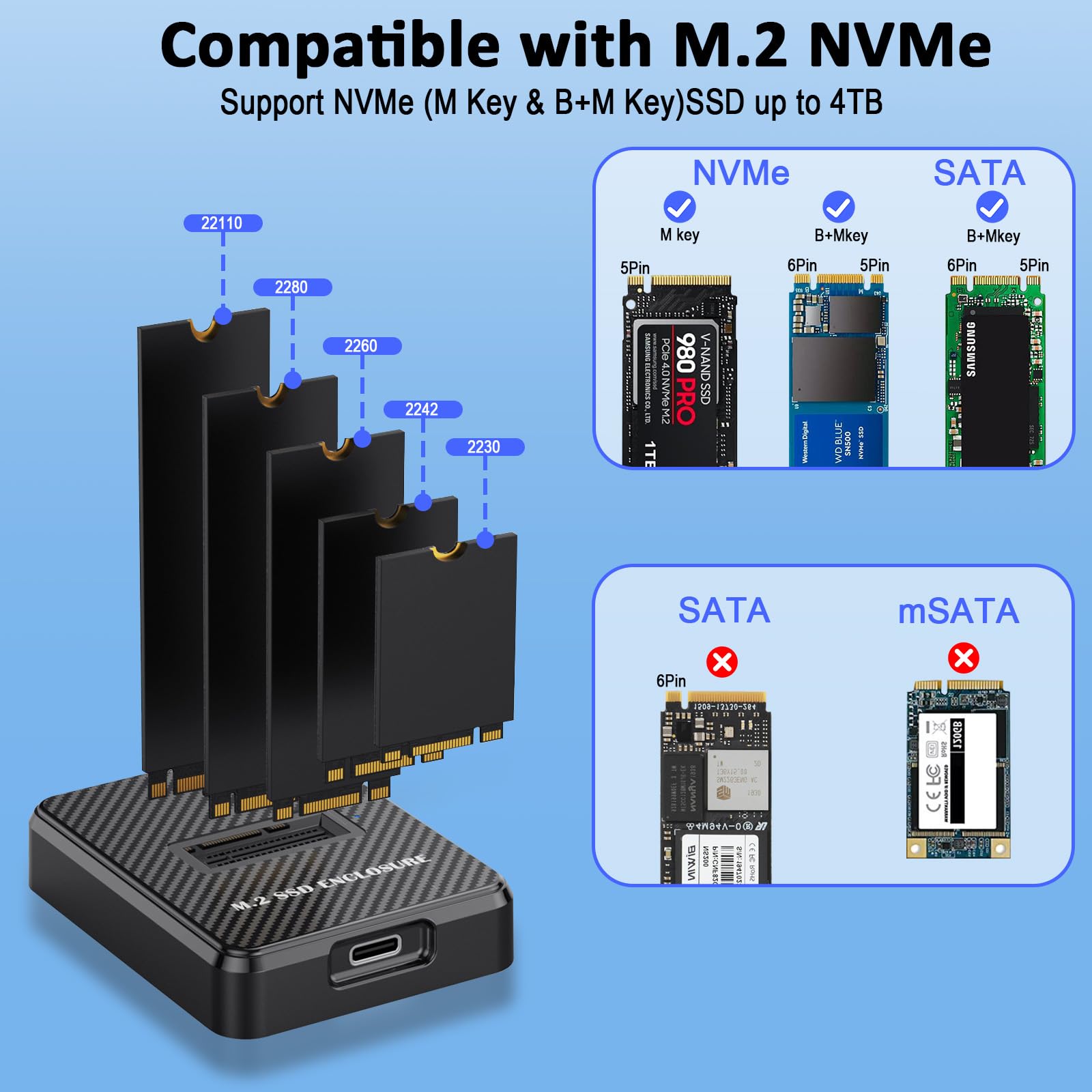 Station d'accueil M.2 NVMe SATA vers USB C 10 Gbit/s, adaptateur lecteur SSD externe pour clés M B+M 2280 2260 2242 2230