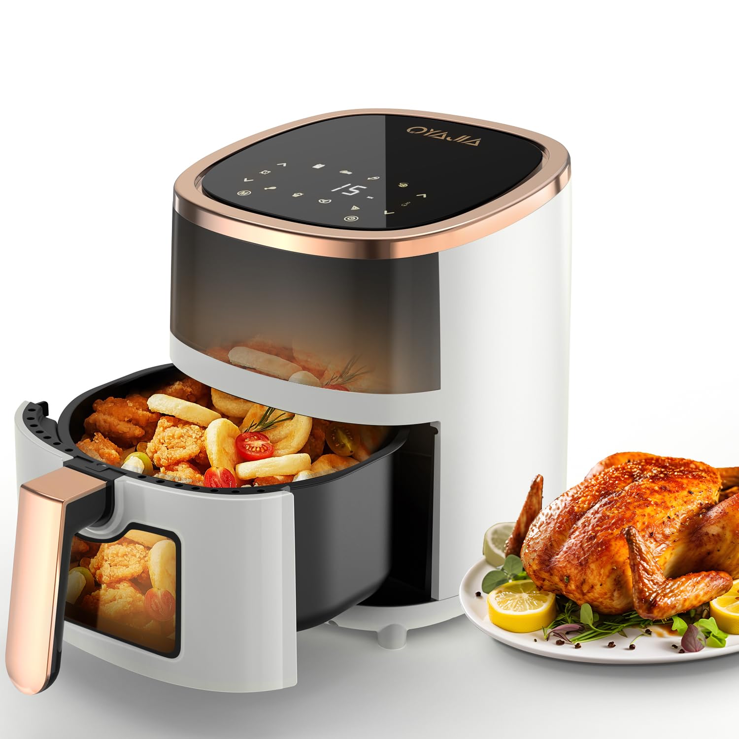 Freidora de aire caliente, 6 L, con 8 programas, tecnología de aire caliente, pantalla táctil, ventana de visualización, apta para lavavajillas, freidora sin aceite, digital, asar, hornear, asar