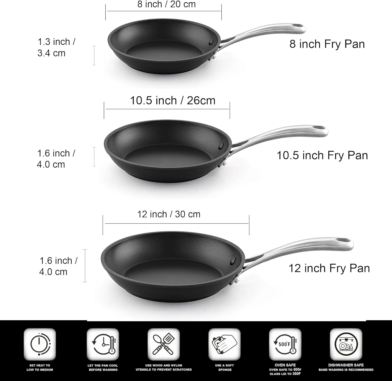 Cooks Standard Frying Omelet Pan Set, 3-Piece Classic Hard Anodized Nonstick 8-Inch/10.5-Inch/12-Inch Saute Skillet Egg Pan, Black: Home & Kitchen