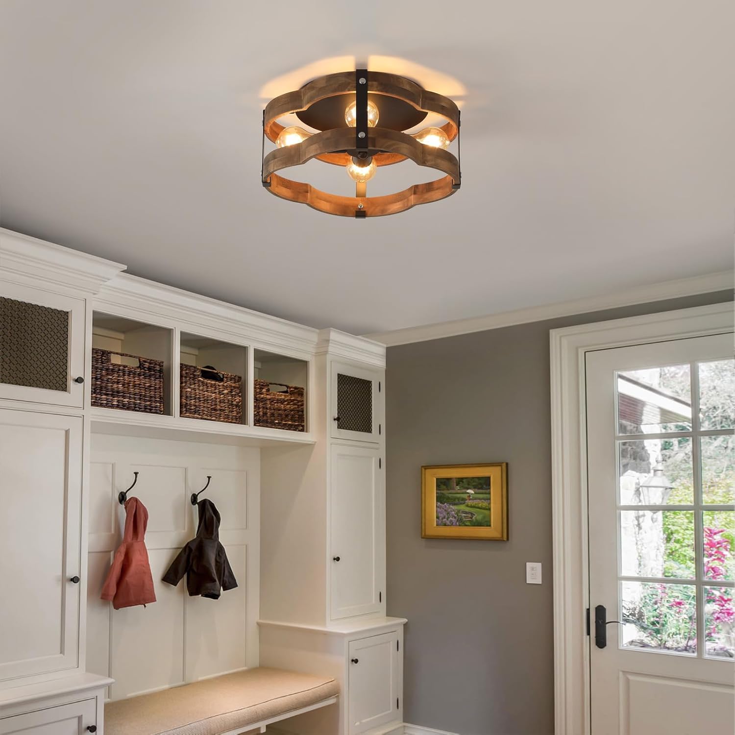 4-Light Rustic Farmhouse Wood Flush Mount Ceiling Light Fixture 14.17 inch Oak Wood and Metal Cloud Cage Semi Flush Mount Ceiling Light for Hallway Hall Entry Bedroom Farmhouse Indoor, Black