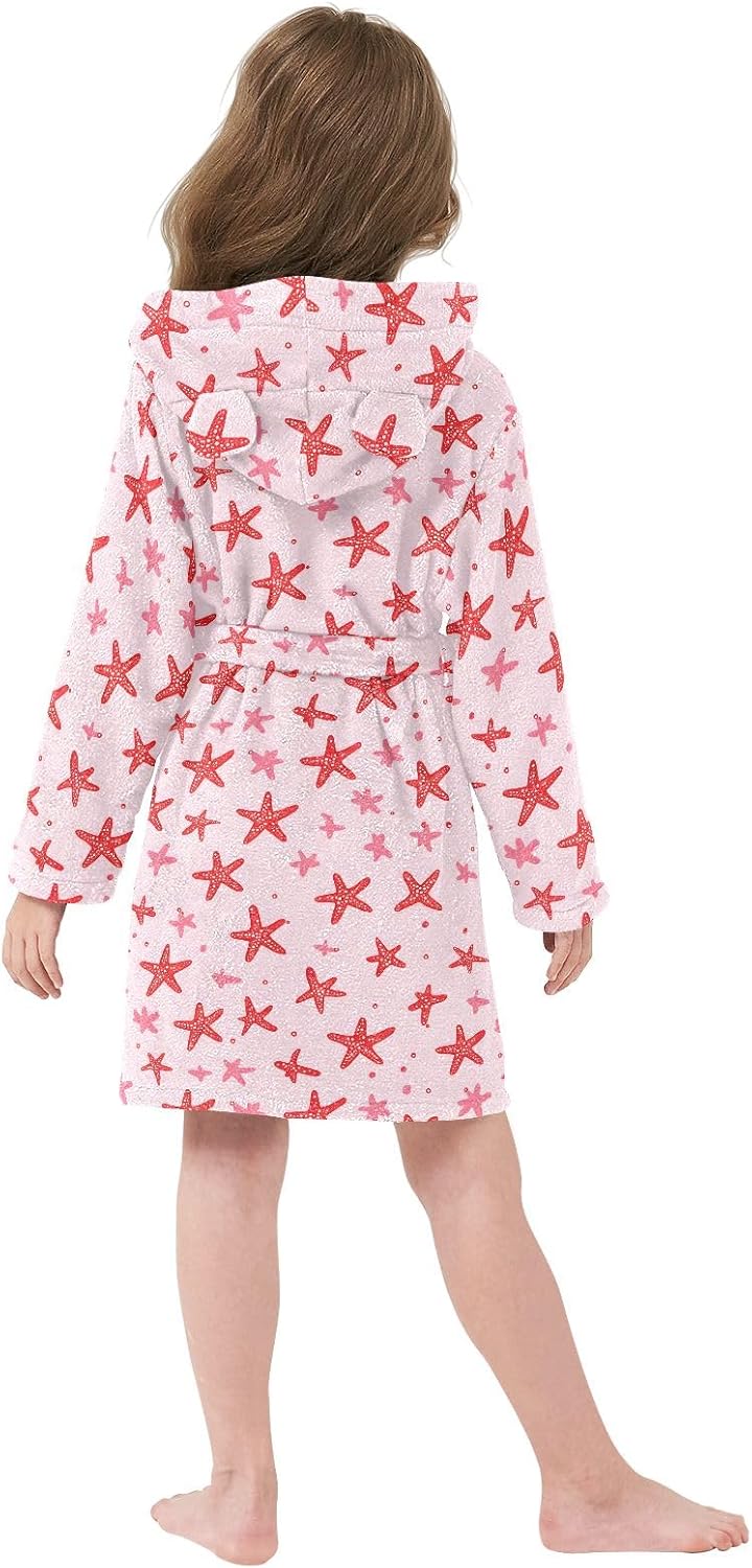 Starfish Red Pattern Toddler Hooded Bathrobe for Boys Girls Soft Plush Bath Towel Robe 2-12 Years