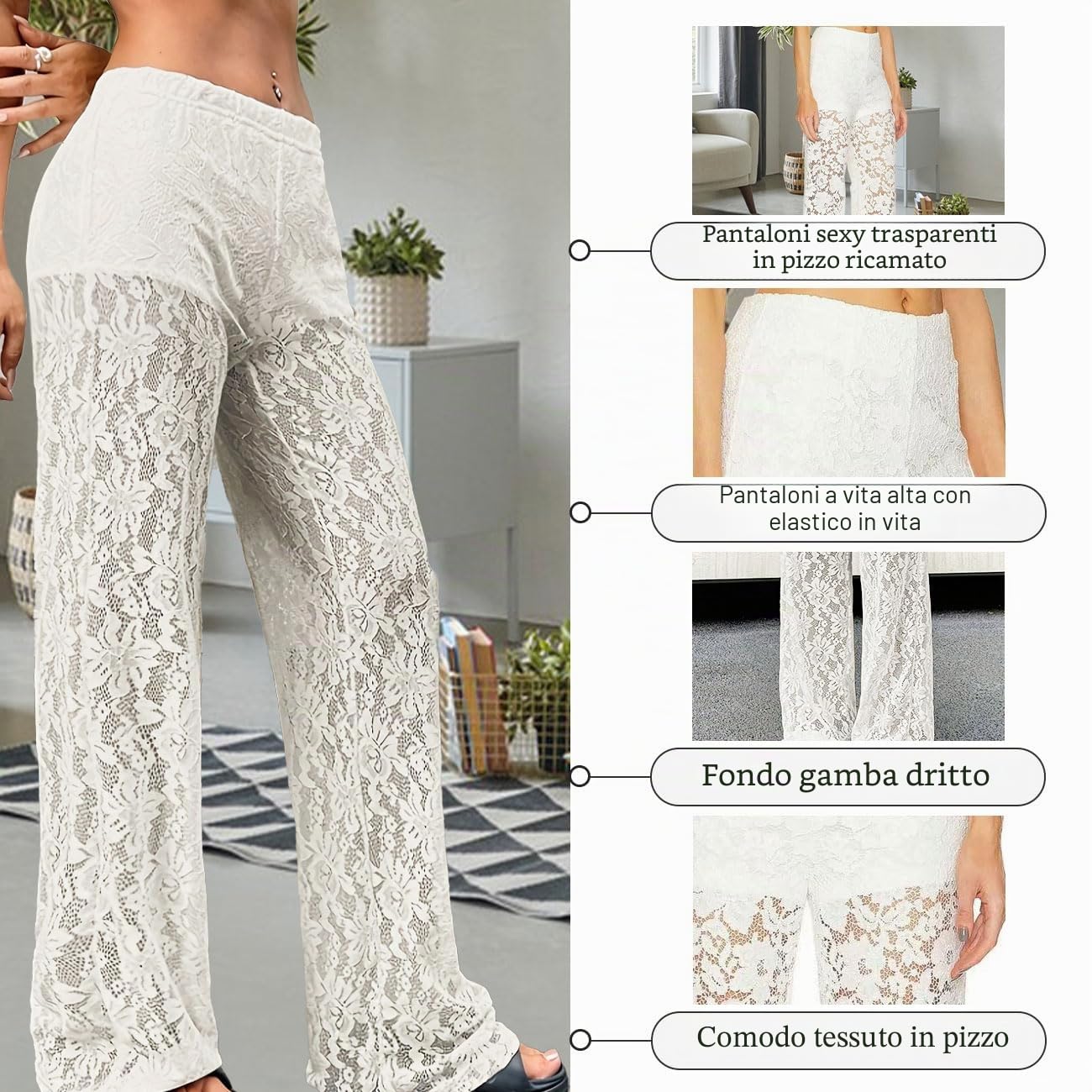 Donna Y2K Pantaloni Trasparenti Ricamati con Vita Alta e Gamba Dritta Elastico in Vita Pantaloni Mesh Street Rave per Discoteca, Clubbing, Festa, Bianco, L