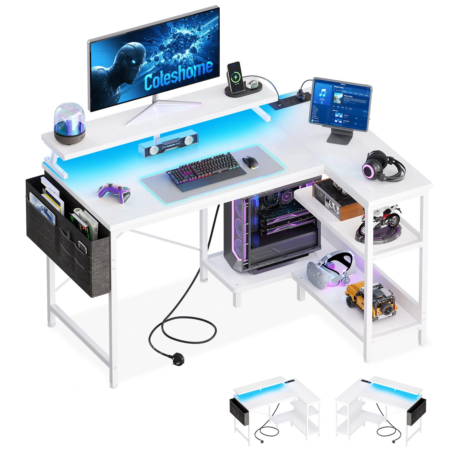 Coleshome L Shaped Gaming Desk with LED Lights, 100 × 70 cm Computer Desk with Power Outlet, Reversible Corner Gaming Table with Storage Shelves & Monitor Stand, White