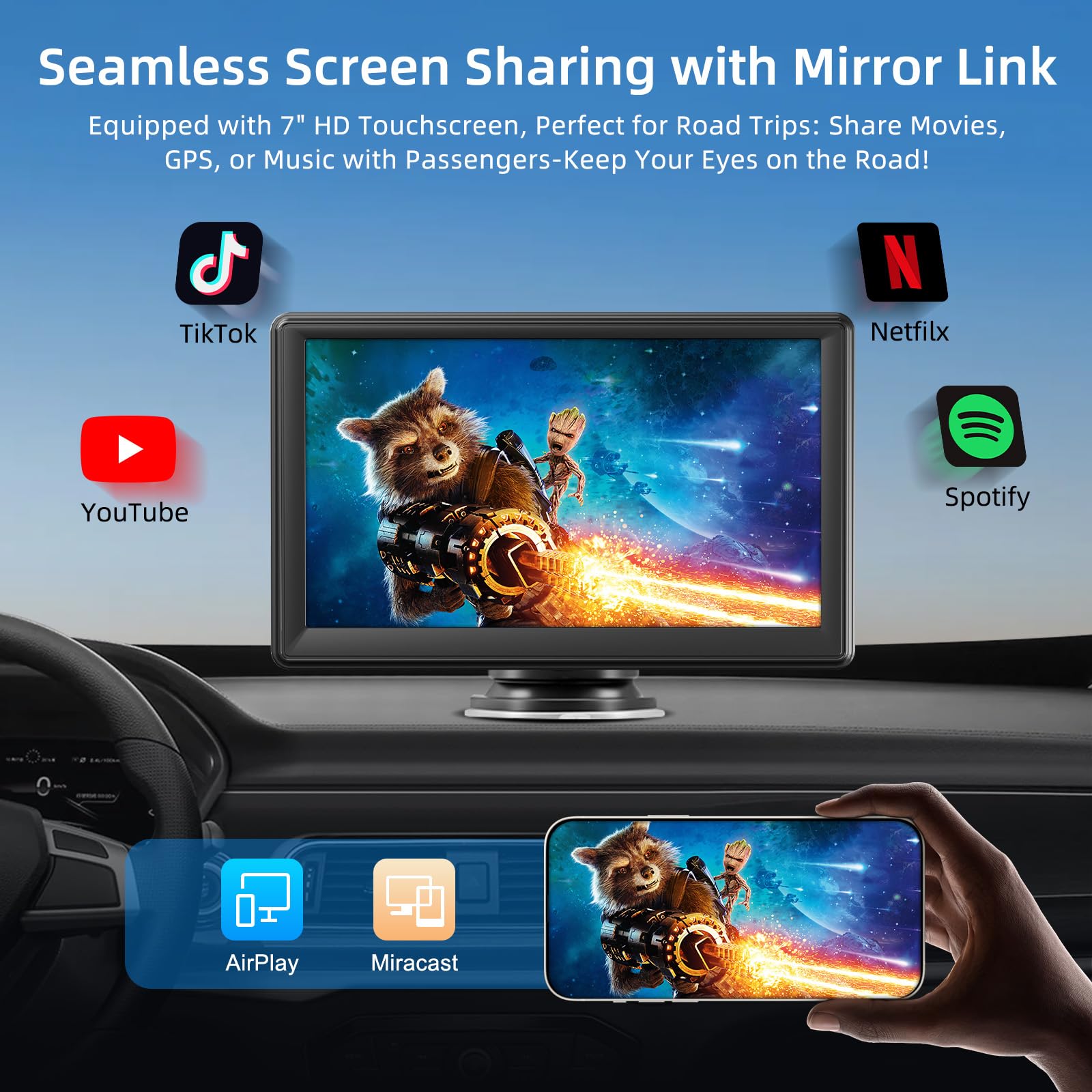 Pantalla Coche, 7" Pantalla Carplay Coche para A-pple y Android con HD Pantalla Tactil, Inalámbrica, Navegación GPS, Bluetooth, Control por Voz Manos Libres, Mirror Link, AUX, FM, Siri & G-oogle