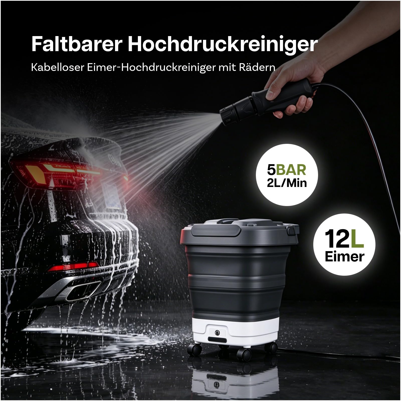 Faltbarer Tragbarer Hochdruckreiniger mit 12L Wassertank von WanderS – Kabelloser Akku Druckreiniger mit Rädern, 4-in-1 Düse & Elektrischer Sprühfunktion – Auto, Camping, Garten, Haustiere & Zuhause