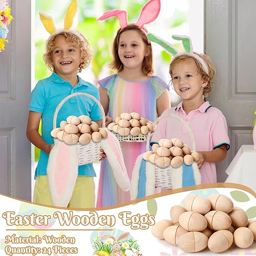 Miniatura 5 de PullCrease 24 huevos de madera de Pascua, huevos de gallina de madera huecos, huevos falsos rellenables sin terminar con cartones de huevos de papel