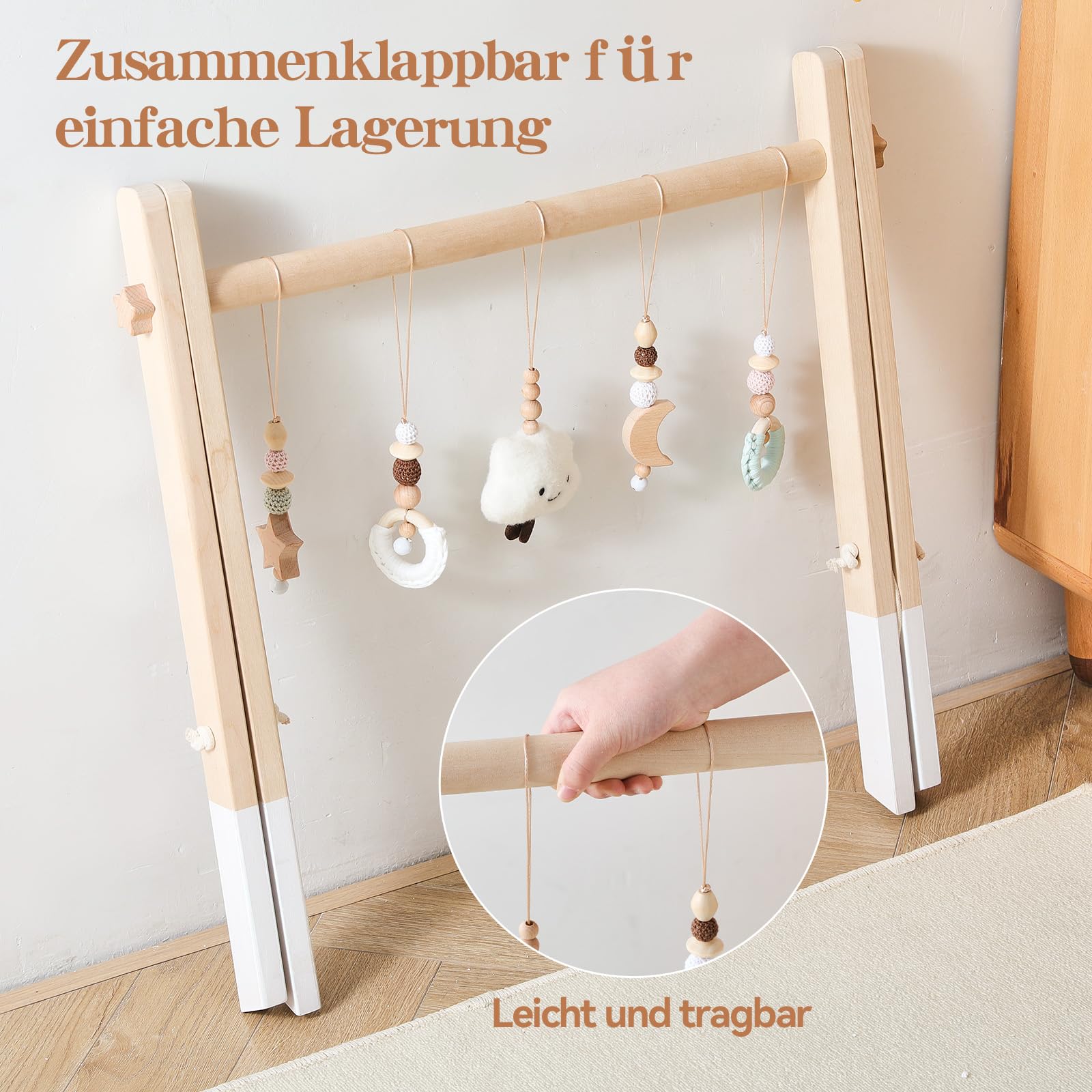 WOODEN TEETHER Arco da gioco per bambini in legno con 5 giocattoli sensoriali staccabili | Montessori Arco da gioco in legno Play Gym a partire da 0 mesi