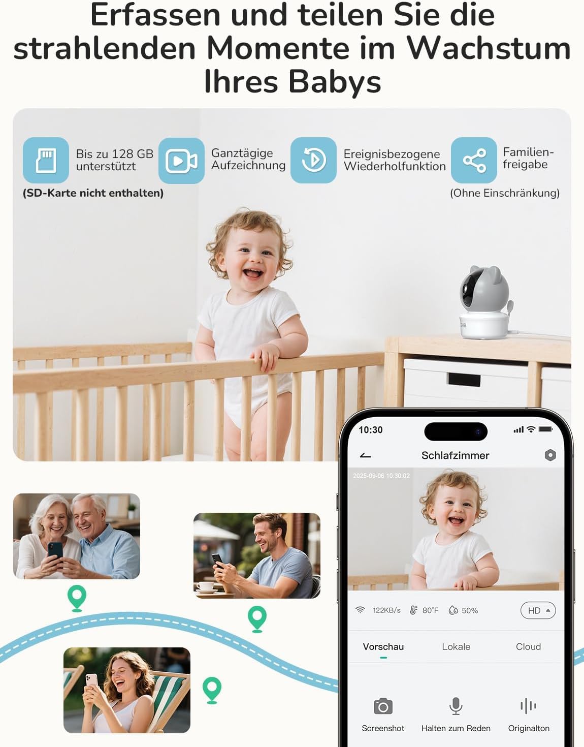 GHB Babyphone mit Kamera App WiFi IPS 5 Zoll 2K WLAN Babyphone PTZ 350°/65° Bewegungs-/Geräusch-/Weinerkennung Nachtsicht VOX 4 Zoom