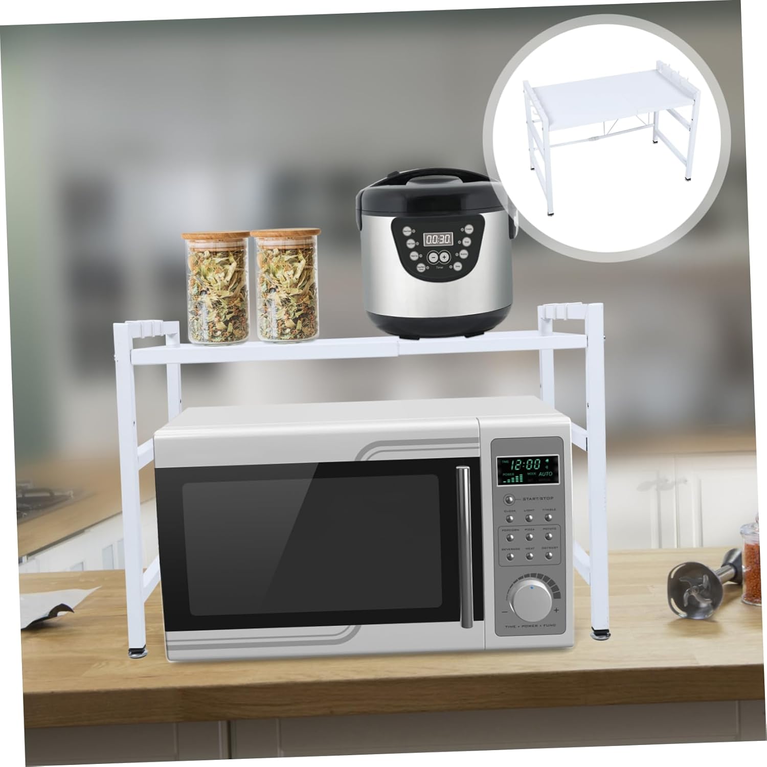 Kichvoe Multi Functional Retractable Storage Rack Space Saving Kitchenware Shelf for Microwave Oven and Cooking Utensils Easy DIY Installation Desktop Organizer for Kitchen and Bathroom