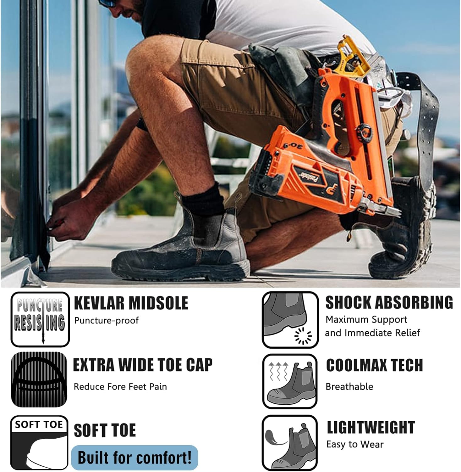 DIIG Work Boots for Men, Steel/Soft Toe Waterproof Working Boots, Slip Resistant Anti-Static Slip-on Safety Working Shoes - Image 2