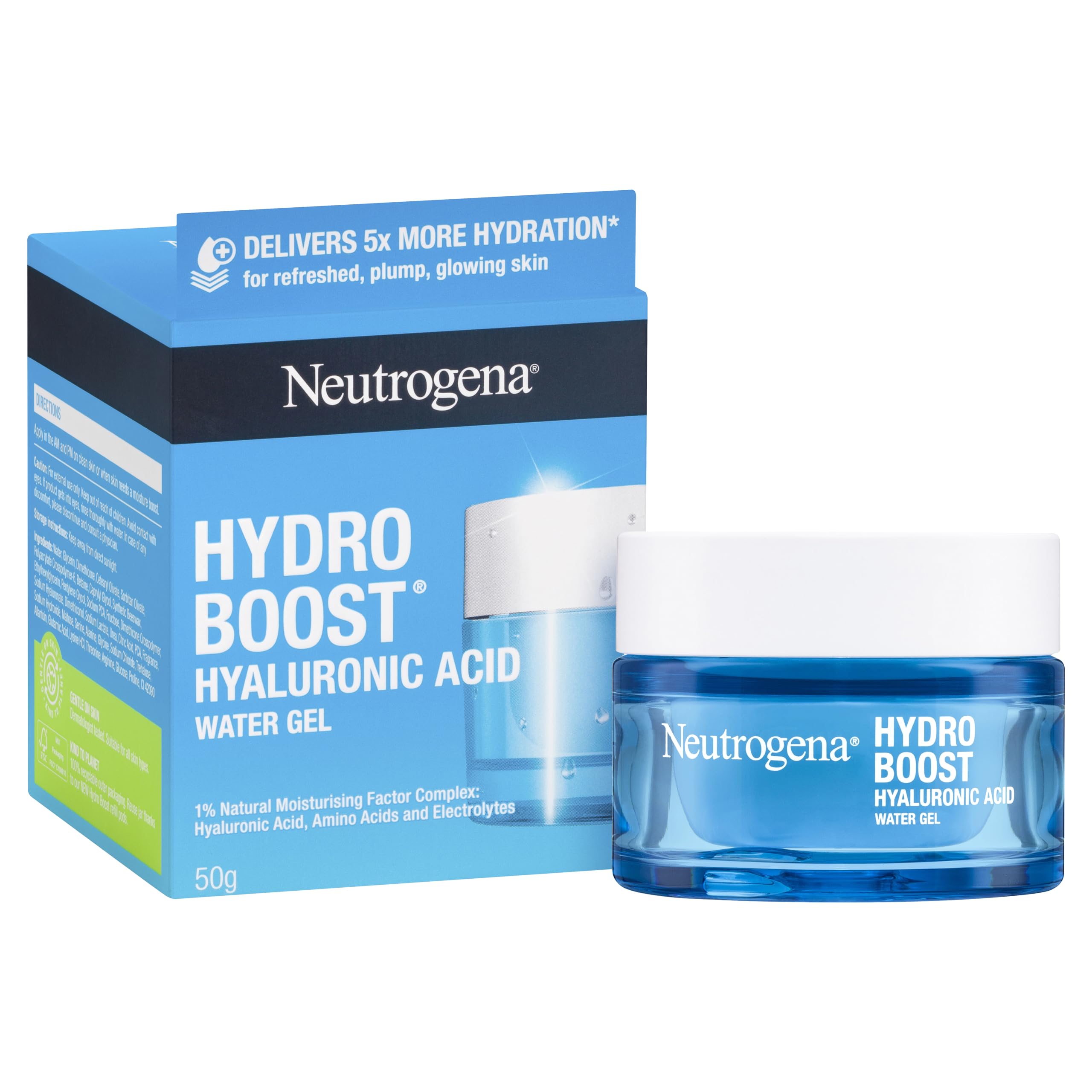Neutrogena Hydro Boost Hyaluronic Acid Water Gel Hydrating Face Moisturiser 50g|5x More Hydration|Amino Acids Support and Strength's Moisture Barrier|Restores Vitality for Plump, Glowing Skin