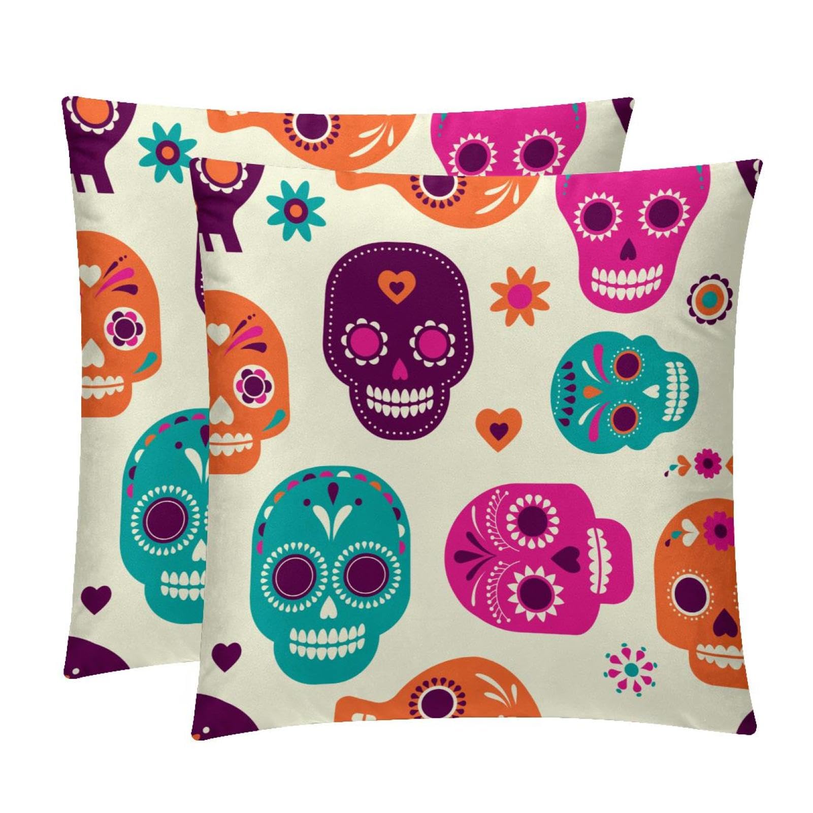 TDGKPZ Colorful Skull Throw Pillow Cases 2 Pack Pillowcases Zipper Cushion Covers For Bedroom Living Room 40x40cm