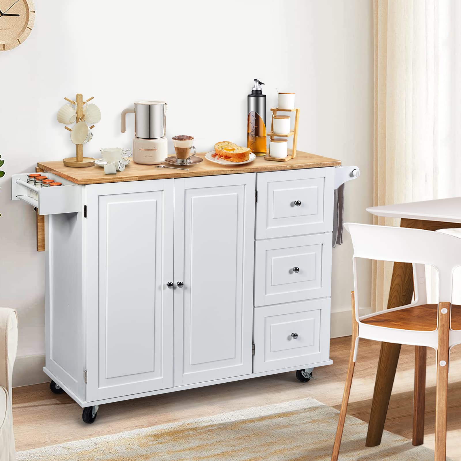GIANTEX Carro de Cocina Plegable, Carro de Servicio, Aparador de Cocina, Mueble de Cocina de Madera, Ruedas con 2 Frenos, Tablero Plegable y 2 Estantes Ajustables, 136 x 76 x 91 cm (Blanco)