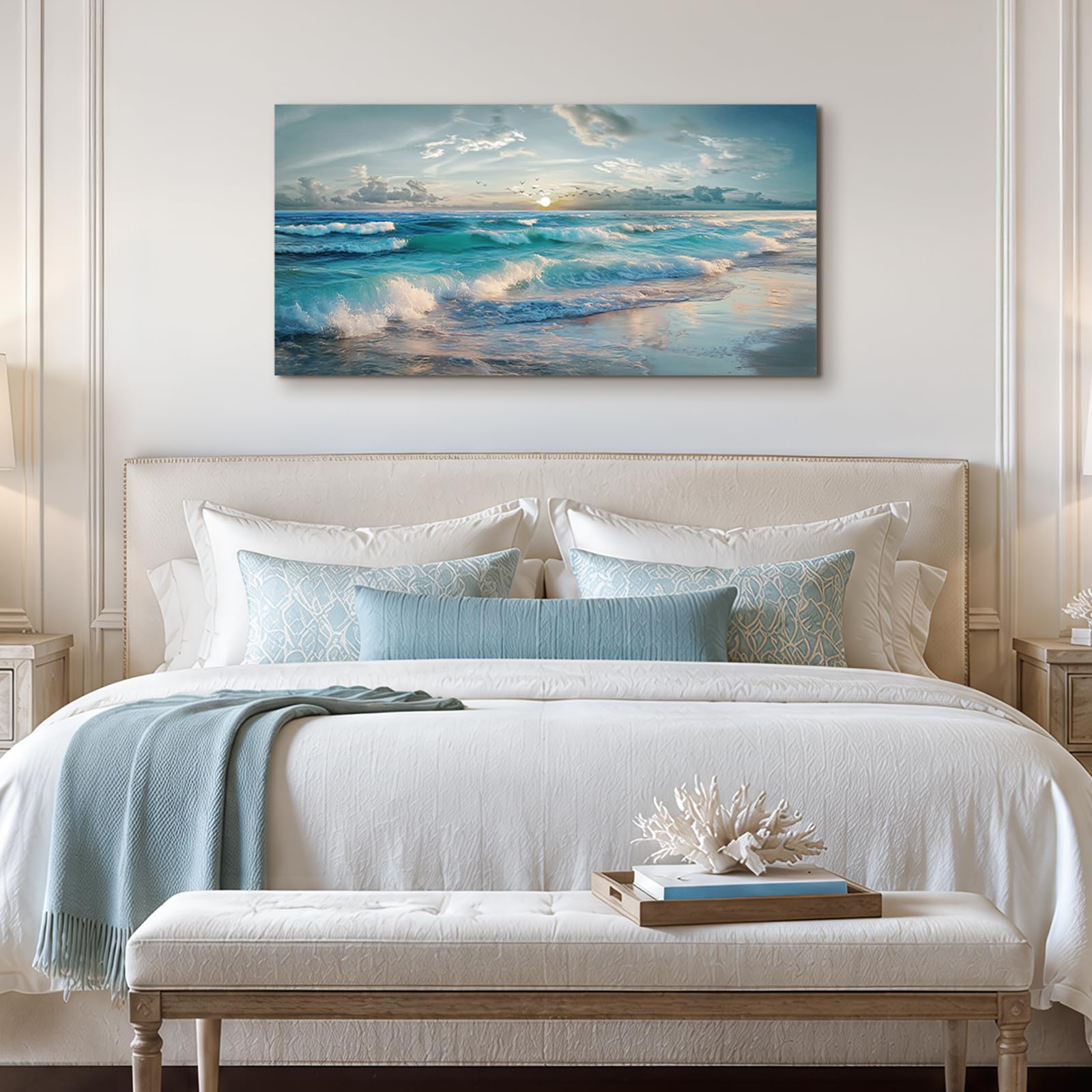 JHHUAMO Leinwand Bilder Meer Sonne Schlafzimmer Wohnzimmer 50x100 cm | Küstenszene Wandbild, Hochauflösender Druck, Exquisite Handwerkskunst, Einfaches Aufhängen, Vielseitig Einsetzbar