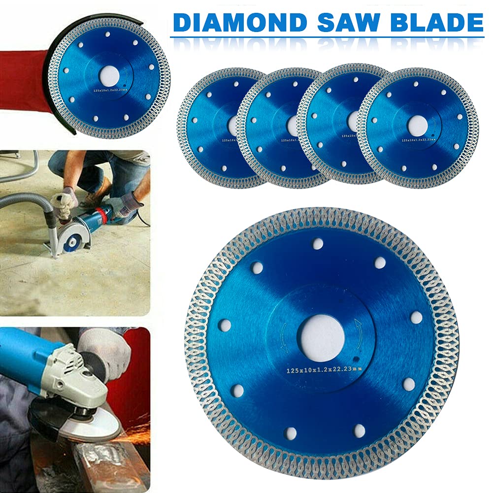 Disque Diamant 125mm, Lot de 5 Disque à Tronçonner Diamanté Ø125 x 1,2 mm x 22,23 mm, pour Meuleuse d'angle, Coupe de Porcelaine, Carrelage, Granit, Marbre, Céramique, Béton Renforcé, Bleu