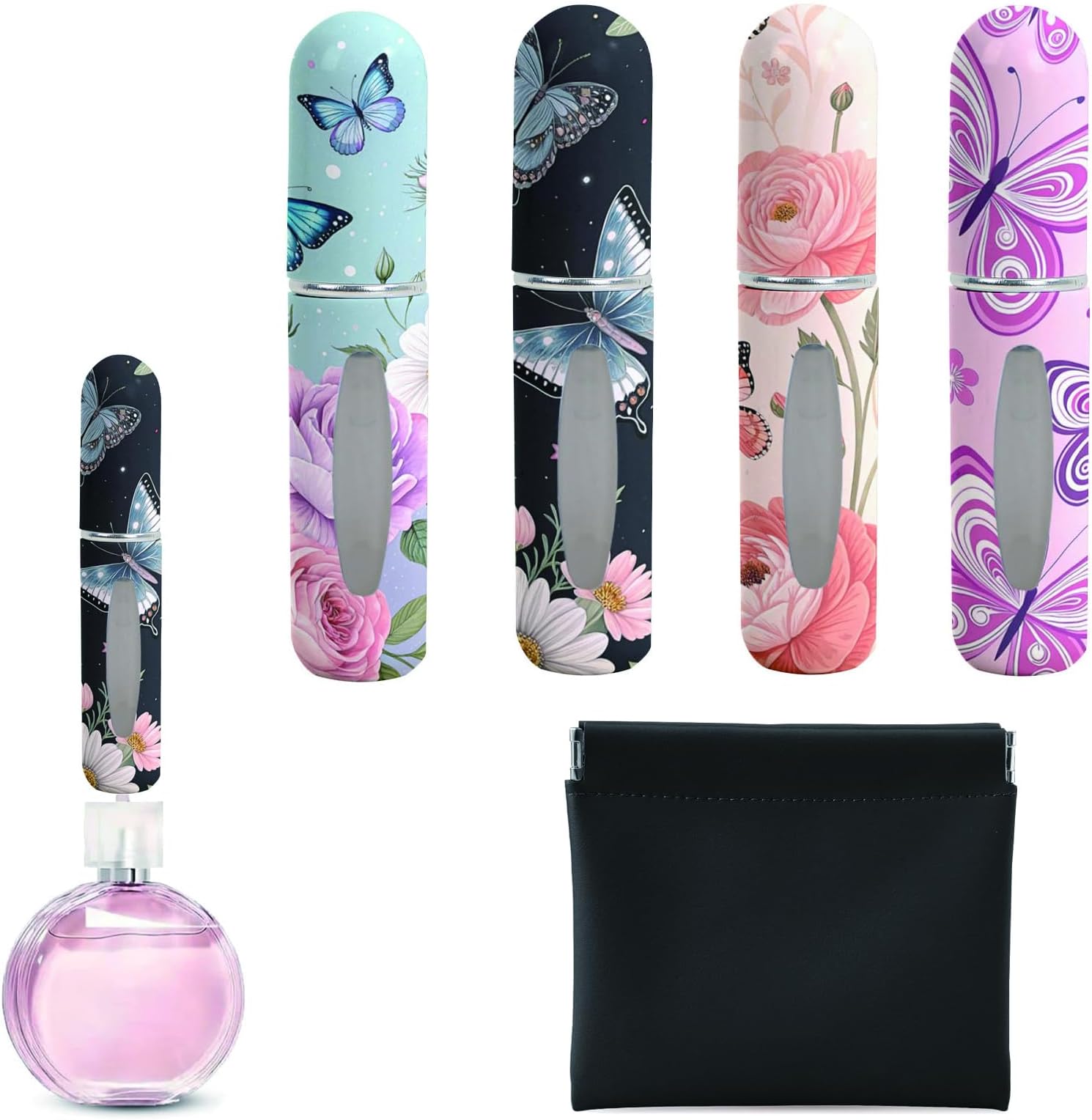 Perfume Travel Refillable Bottle– Portable Mini Sprayer,Empty Perfume Bottles with Unique Patterns,Refill Pump Case for Traveling and Outgoing,4 Pcs of 5 ml and Outgoing (Butterfly Flower Series)