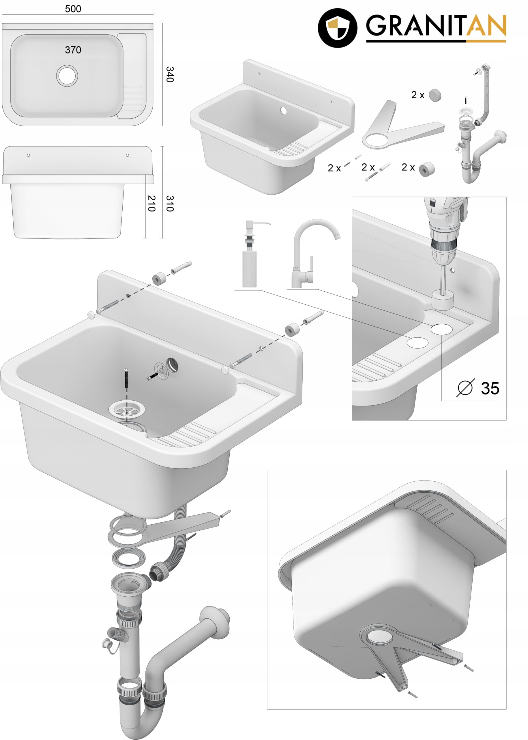Lavabo Universel avec Siphon et Robinet de Lavabo Flex - 50x34x31 cm - Évier Exterieur pour Garage et Cave - Montage Mural - Noir - Granitan