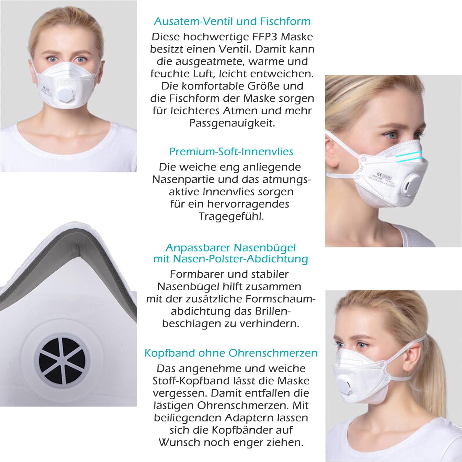 FFP3 Maske mit Ventil großer Kopf, Fischform 8 Stück Masken, Versand aus Deutschland, Kopfband/Ohrschlaufen Bänder, Atemschutzmaske