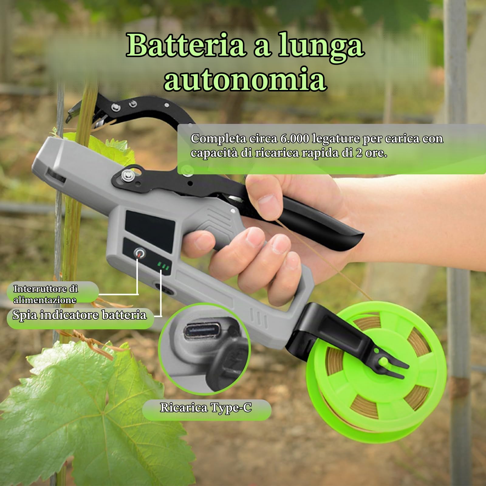 Legatrice Per Piante Elettrica, Legatrice Per Vigneto Con 2*2,5 Ah, Indicatore Di Alimentazione, Diametro Di Rilegatura 45 Mm, Legatrice Da Giardino Portatile 6000 Volte Per Uva, Piante, O Gray&Green