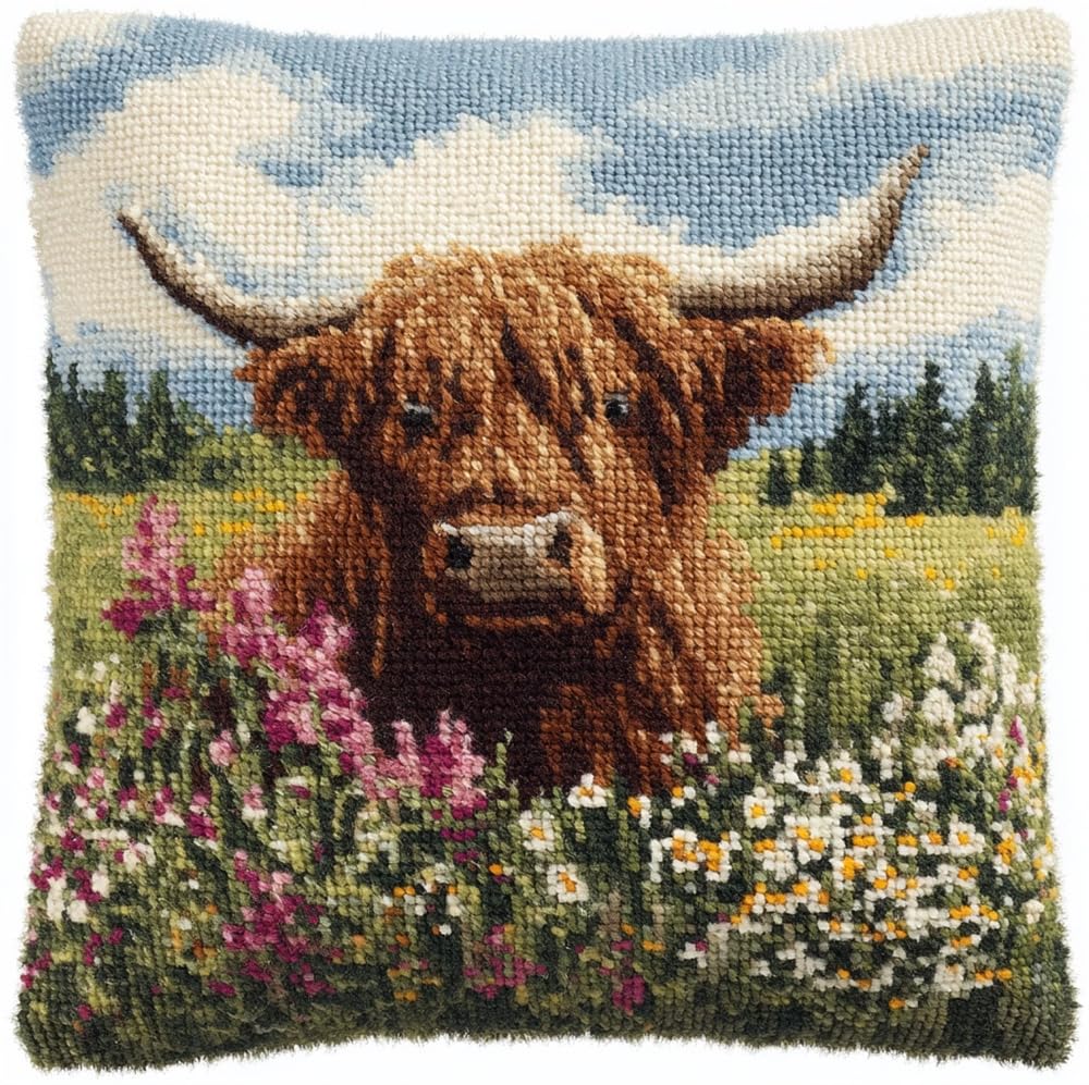 kitphoenix Latch Hook Cushion Kits for Adults Highland Cattle Amidst A Fiel