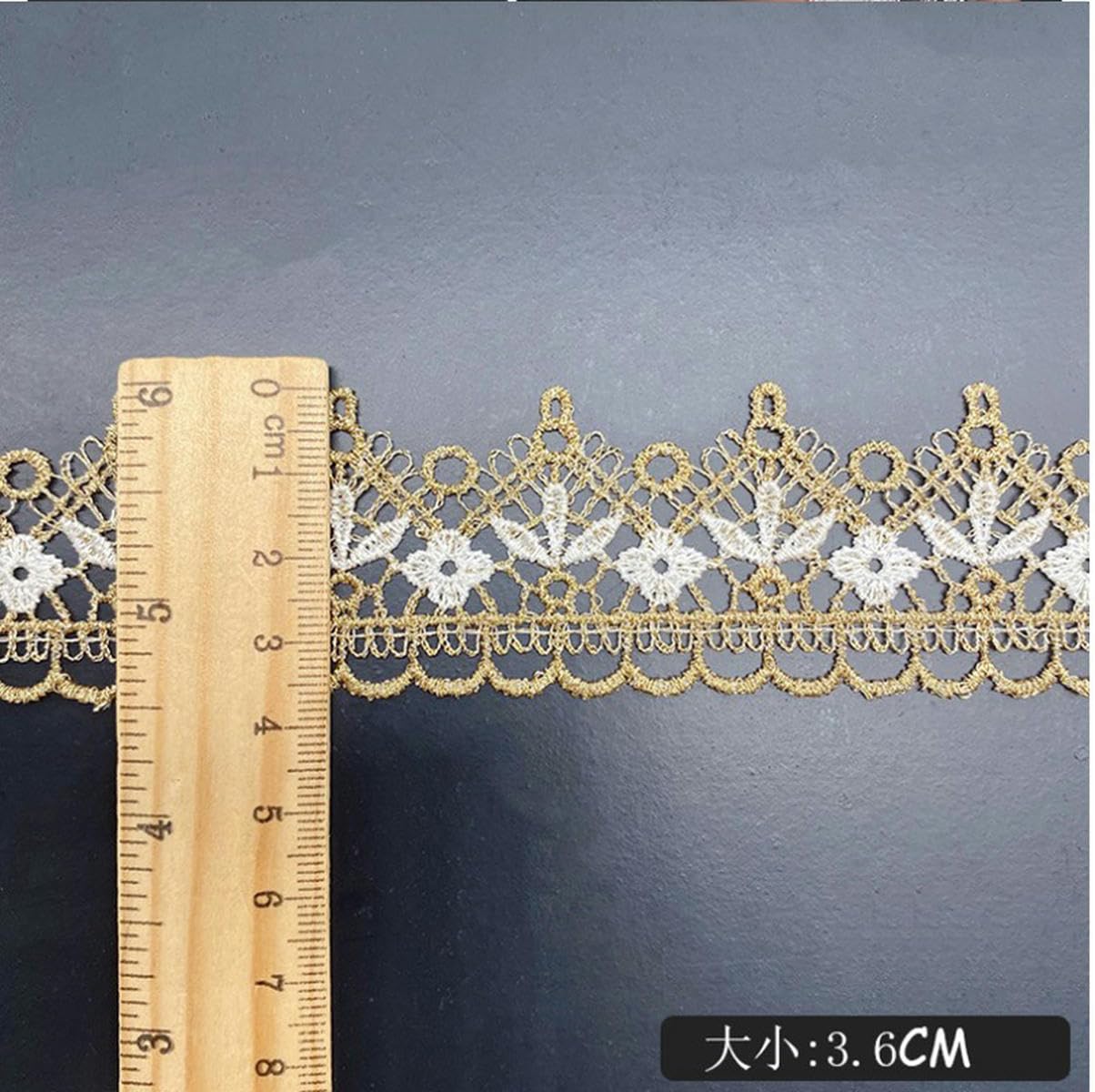Ruban de dentelle, Tissu à fleurs noir et blanc à bords ondulés dorés, 5 yards, 3,6 cm de large(Black,20yard)