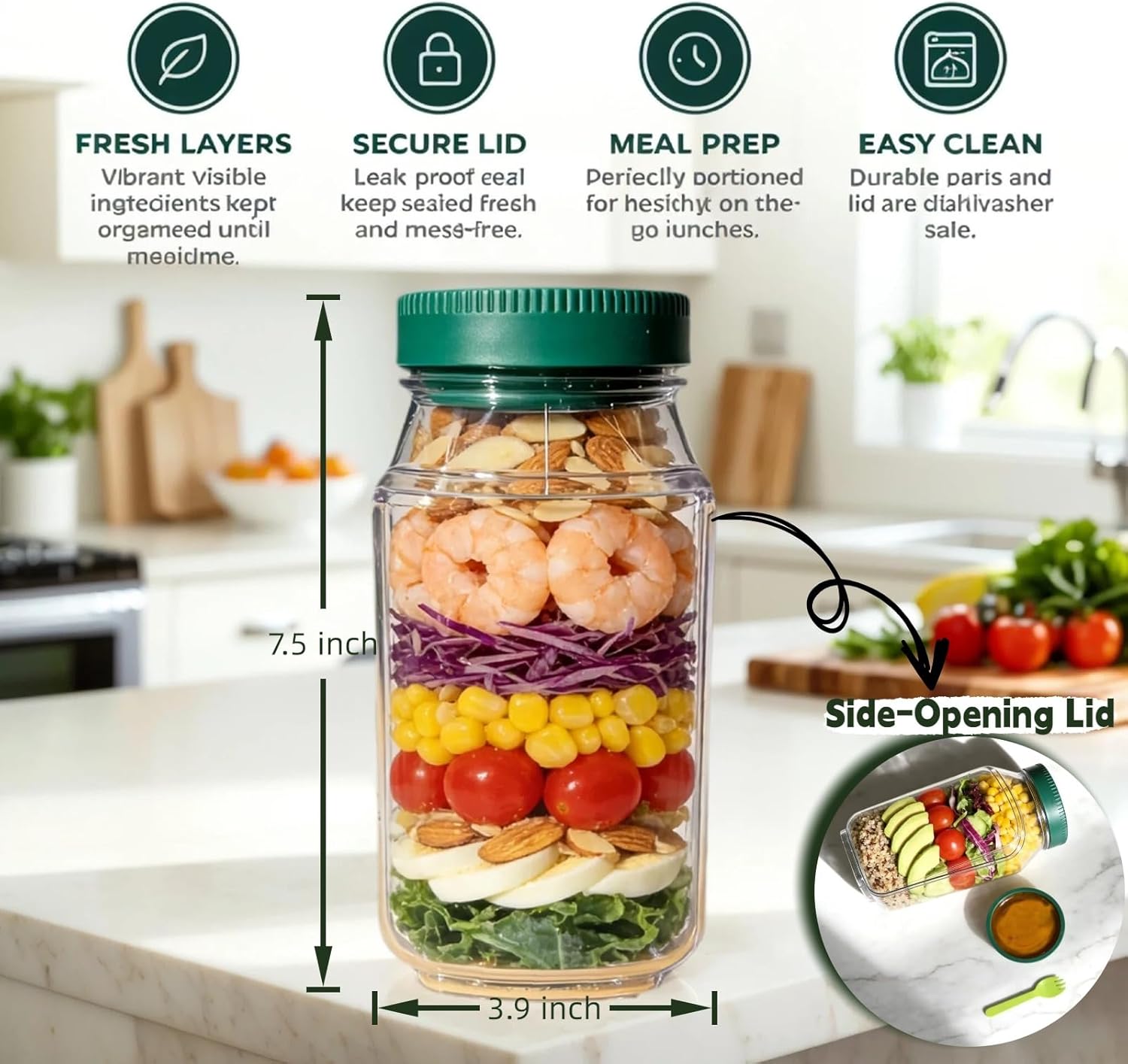 salad mason jar side opening - leakproof dressing container, lid-to-bowl design, reusable salad jar & salad container for lunch, meal prep on the go (7.5"x3.9"x3.5" 1 pc + 1 fork)