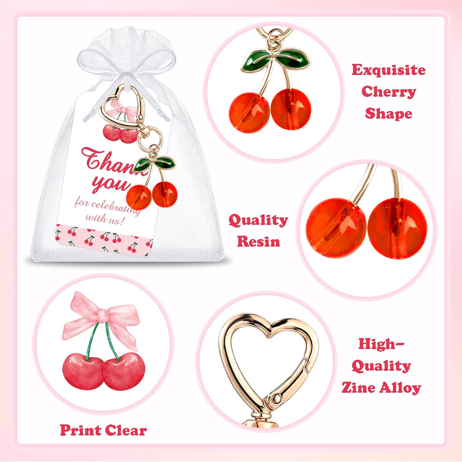 JOETMAE 20 Set Cherry Keychains Party Favor with Organza Bags Thank You Tags for Women Girls Mother Baby Shower ,Cherry Bag Purse Charms for Women Accessories for Guests