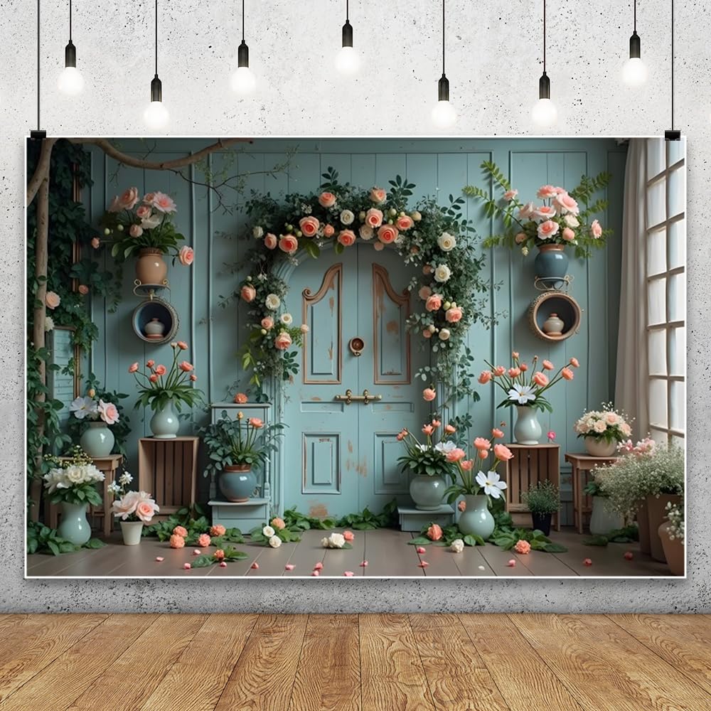 RBQOKJ 7x5ft Spring Pink Florals Arch Backdrop Green Retro Door Wooden Boxes Flower Vase Decor Room Studio Photography Background Photographer
