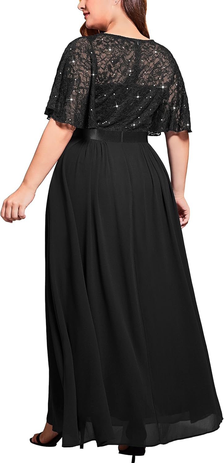 Miusol Women's Plus Size Sequin Lace Round Neck Butterfly Sleeves Formal Evening Maxi Dress - Image 2