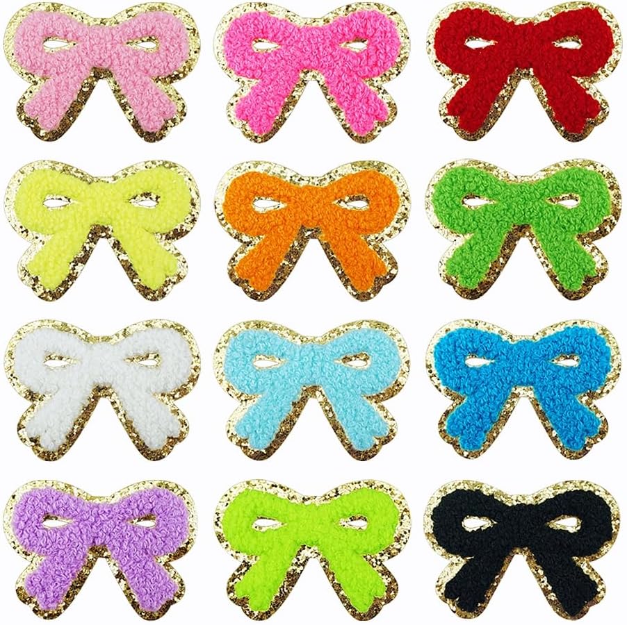 SaktopDeco 12 PCS Bow Patch Gold Edges Bow Iron On Patch Chenille Embroidery Patche Cute Sew On Patch for DIY Hats Bags Clothes