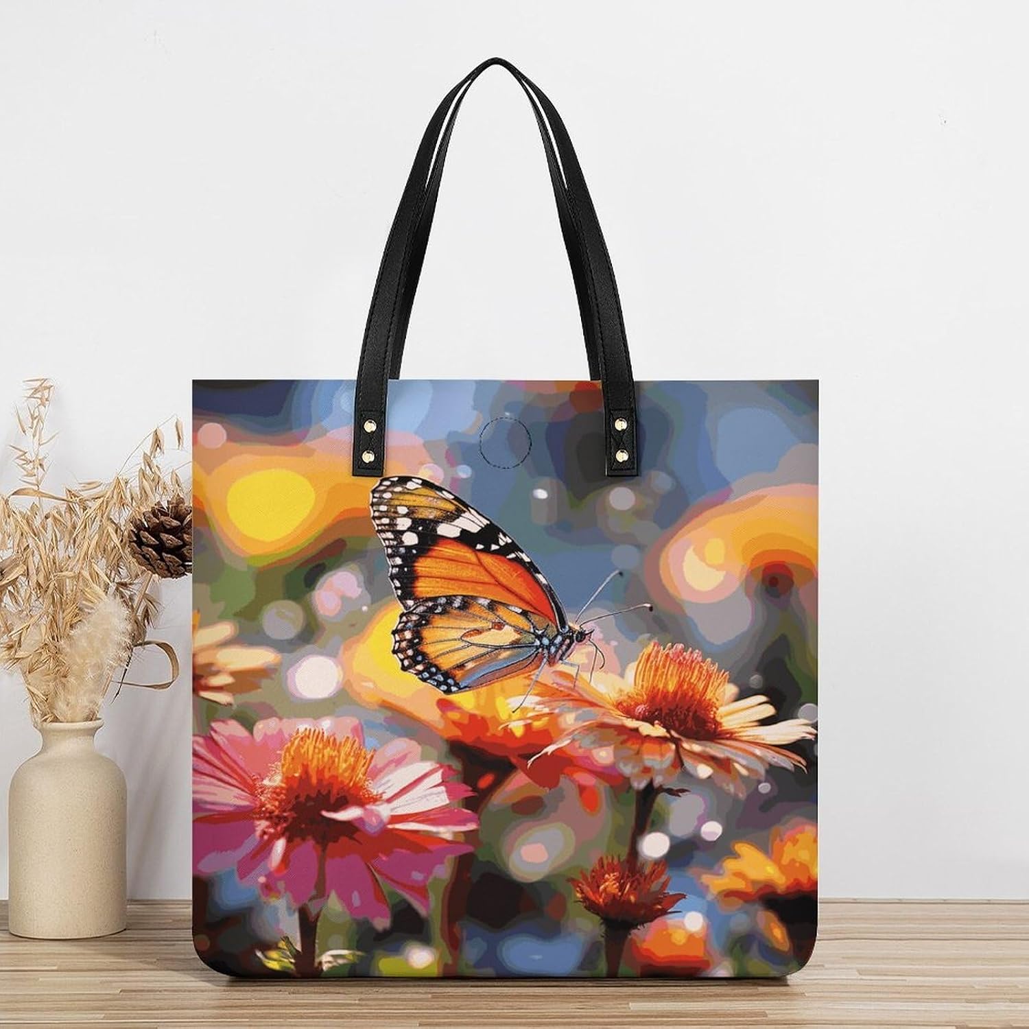 Bloom Flower And Butterfly Tote Bag with Magnetic Buckle Reusable Grocery Bags Lightweight Cross Body Handbag for Daily Essentials