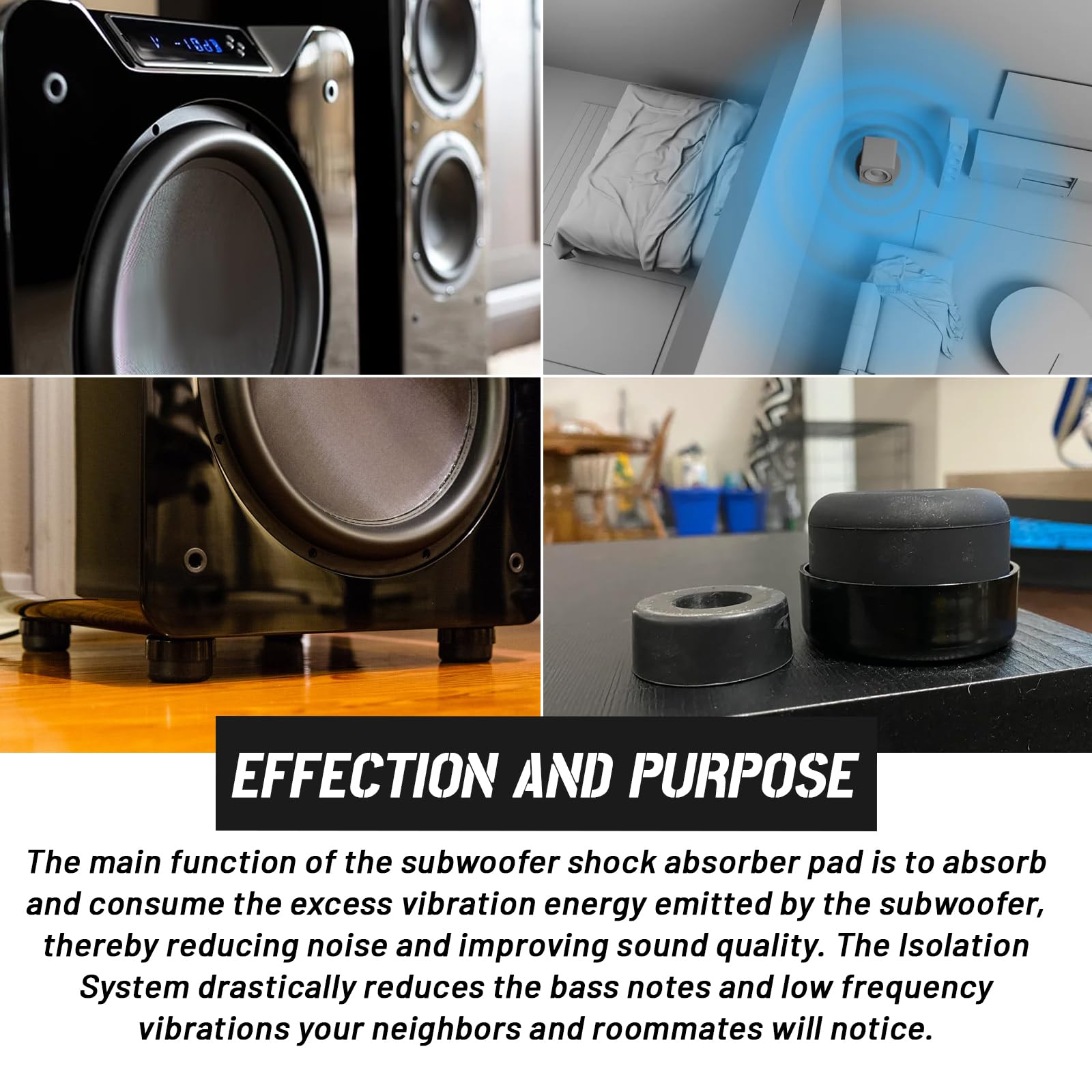 Subwoofer-Isolationspad, Subwoofer-Isolationssystem, kompatibel mit fast jeder Subwoofer-Marke und -modell (schwarz), 4 Stück