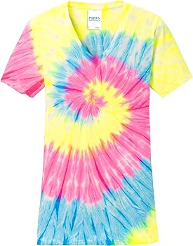 Port & Co Women's Tie-Dye V-Neck Tee-LPC147V-XS-Neon Rainbow at