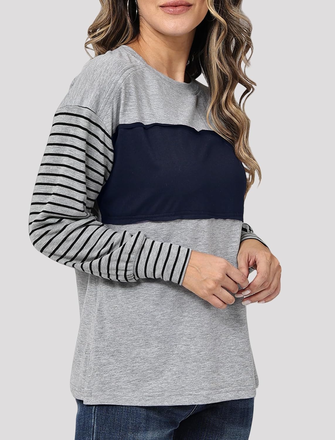 Womens Long Sleeve Shirts Fall Loose Fit Crewneck Casual Color Block Fashion Dressy Work Outfit 2025 Gray Blue L - Image 3