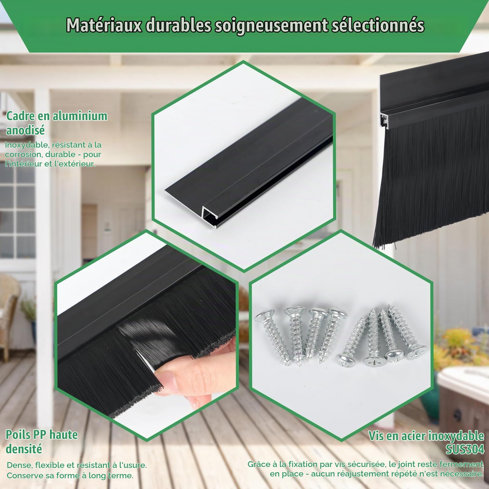 Joint brosse en 2 pièces, brosse à bande, joint de porte en aluminium profilé en H, brosse de porte avec brosse en PP pour une utilisation intérieure et extérieure, coupe-froid, (100x10cm)