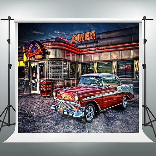 Miniatura 9 de Telón de Fondo de Rock Roll de los 50s para Diner, 1950s Coche Vintage Retro Nostalgia para Fotografía, 1.5x0.9m Telón de Fondo para Fotos