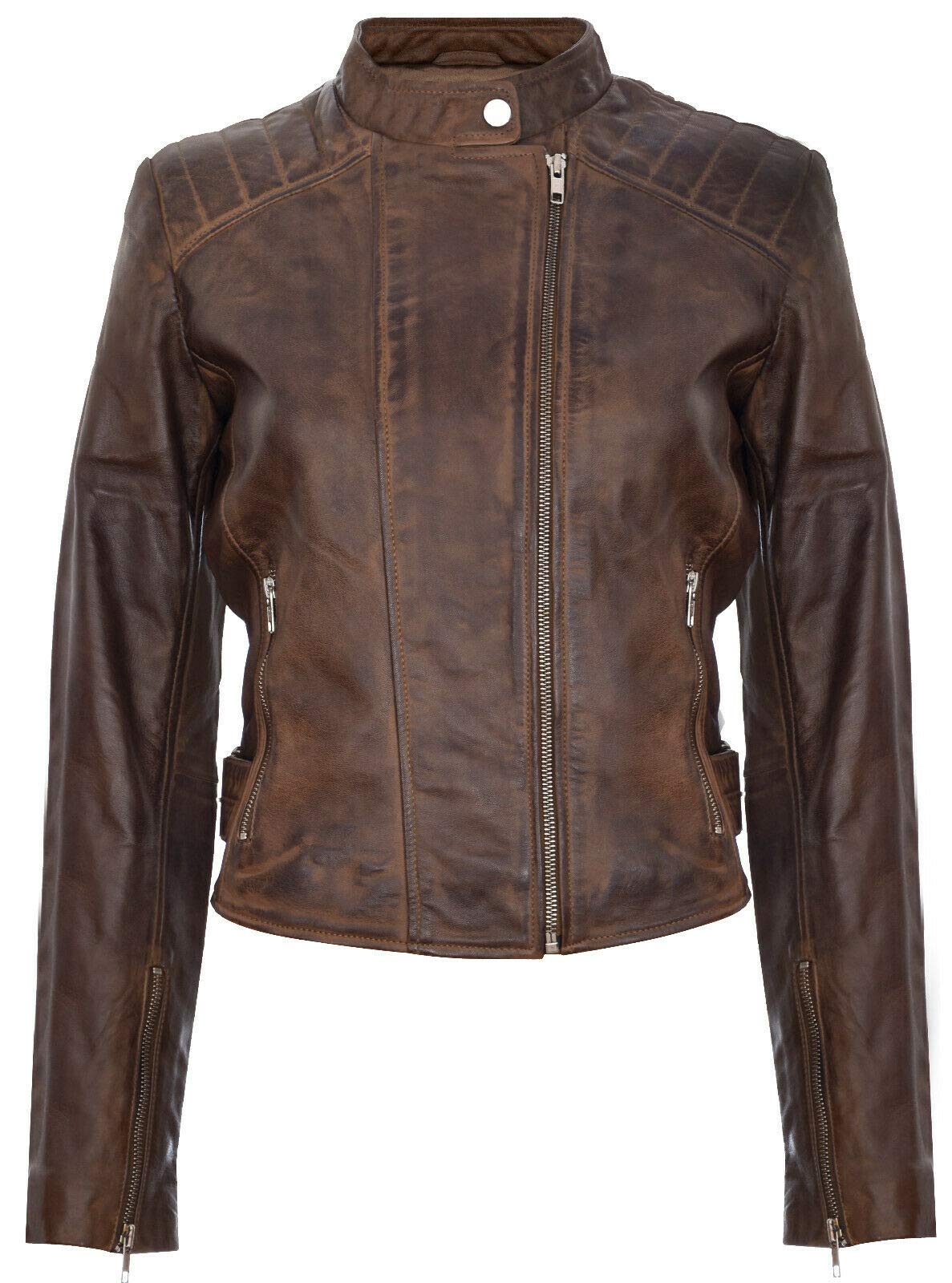 Ladies Womens Brown Real Leather Fitted Vintage Biker Style Zip Fashion Jacket L