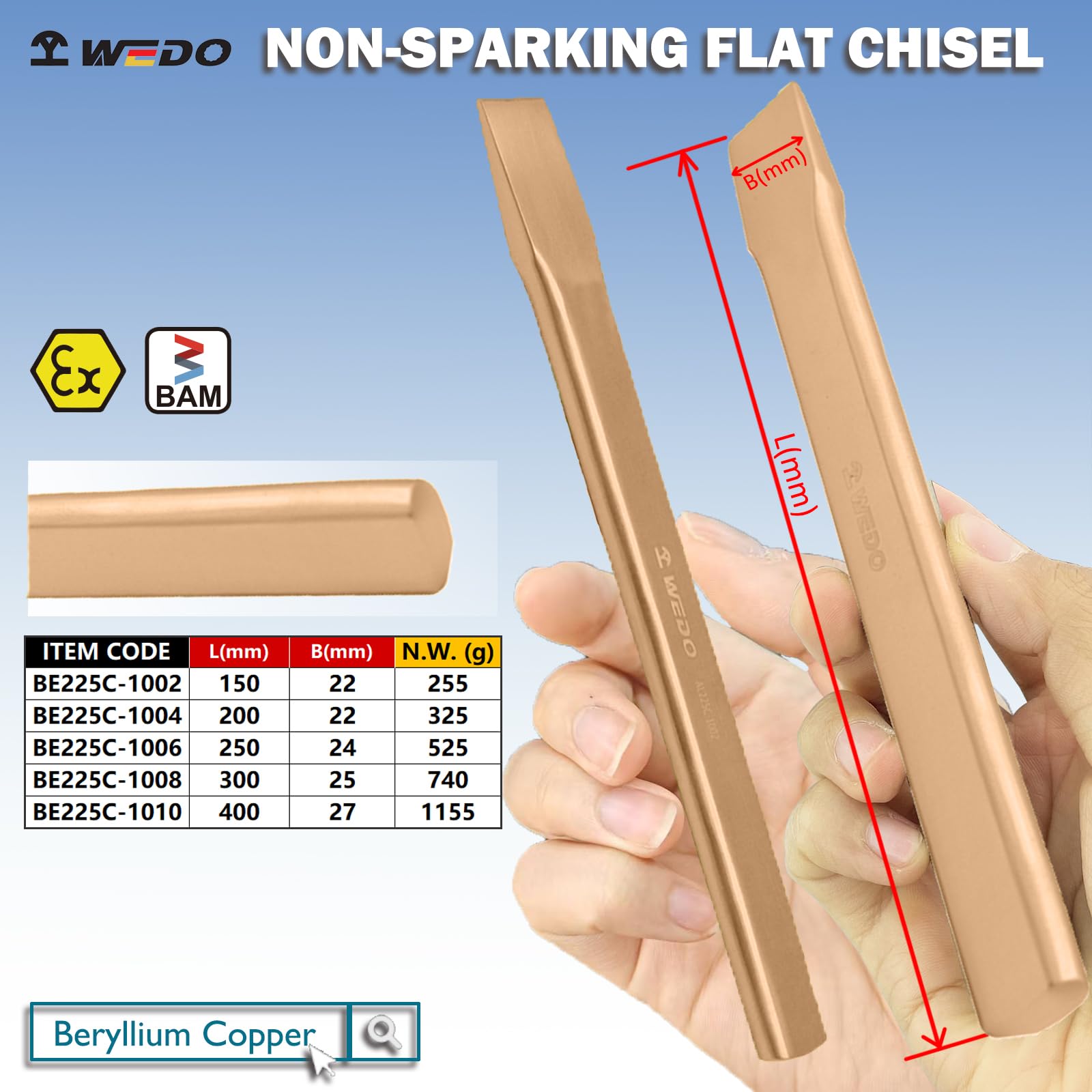WEDO Cincel plano sin chispas, cincel plano de seguridad sin chispas, cobre berilio, estándar DIN, certificado BAM y FM, 22 x 200 mm
