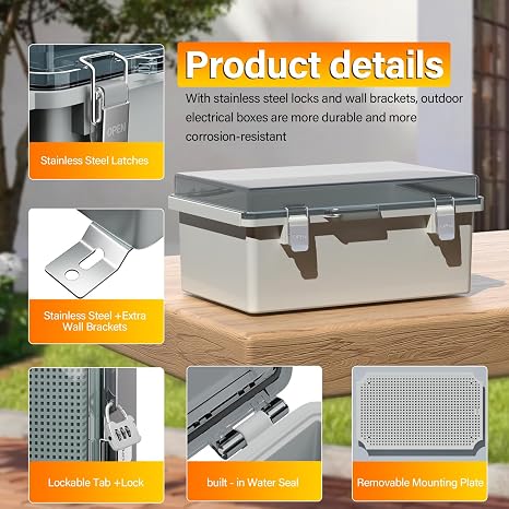 BSEED Waterproof Electrical Junction Box, Outdoor Enclosure with Hinged Cover, Mounting Plate & Wall Brackets - Lockable ABS Plastic Box for Router, Switch, Electrical Project (Clear, 11.47.55.5)