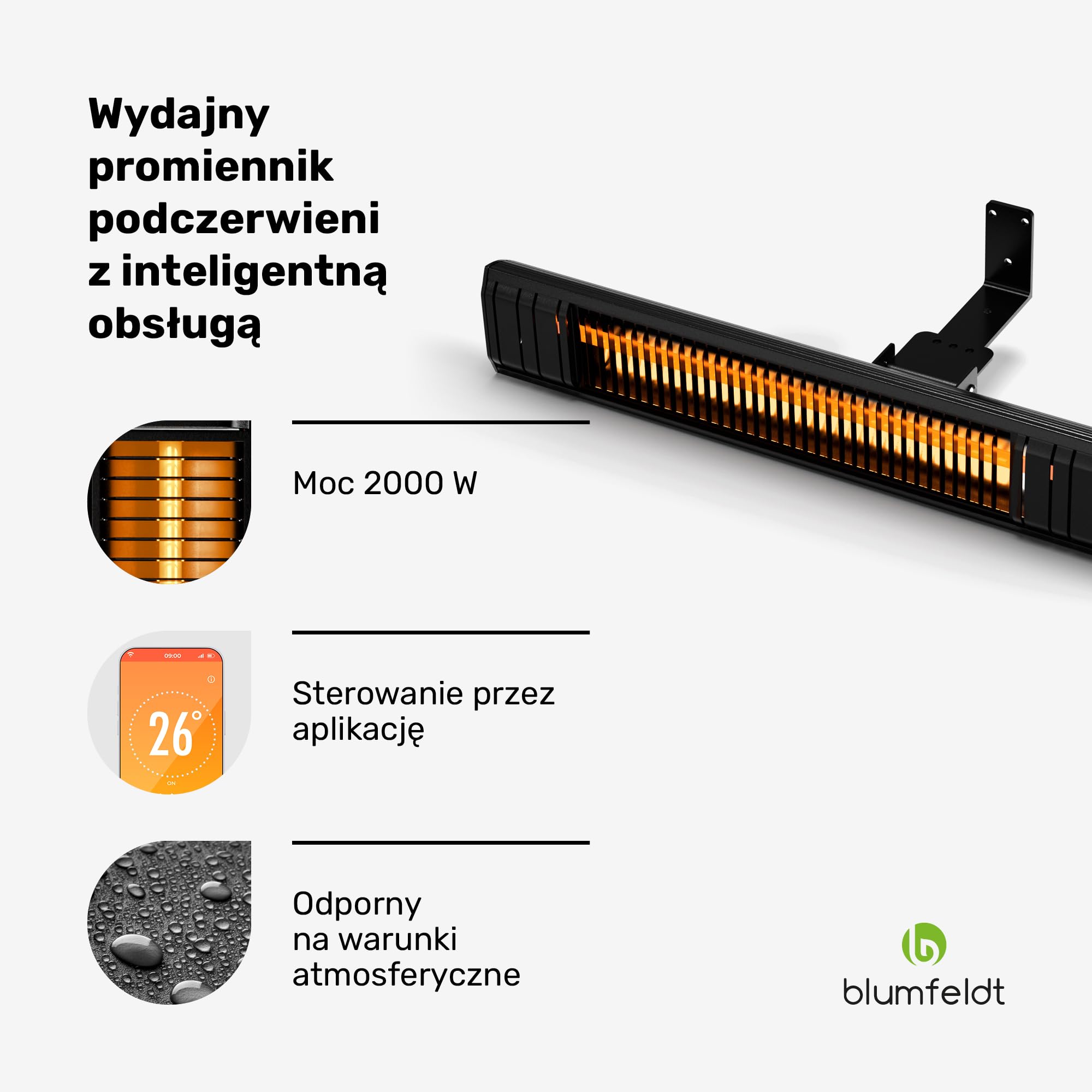 Blumfeldt Ogrzewanie na podczerwień 2000 W – Montaż ścienny i sufitowy, IP65 wodoodporne, 24 stopnie grzania, Sterowanie WiFi, Złote rurki, Blokada rodzicielska, na balkon, taras i ogród