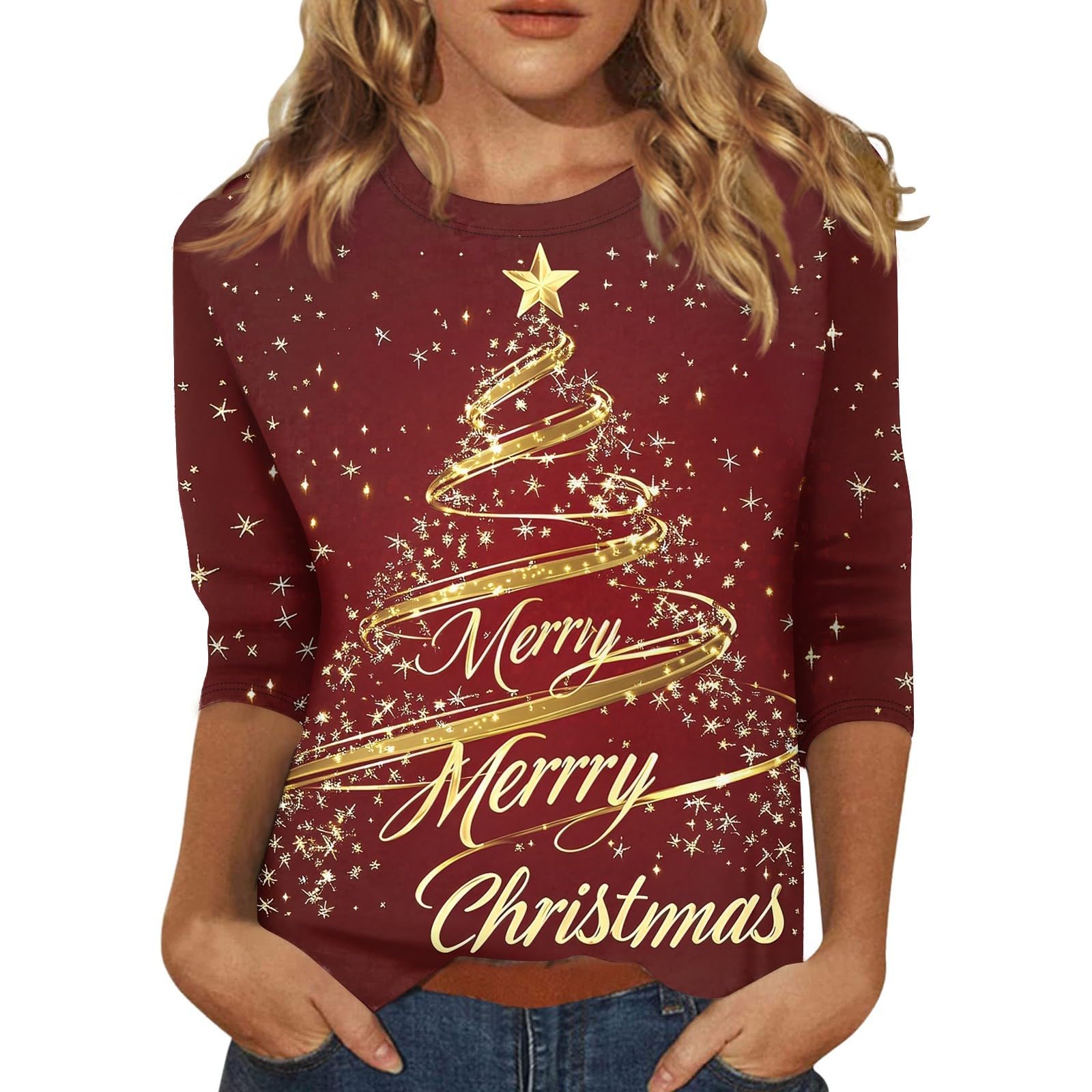 LPIGOH Womens Christmas Shirt Dressy 3/4 Length Sleeve Tops - Funny Christmas Graphic 2025 Crew Neck Holiday Tops Pullover