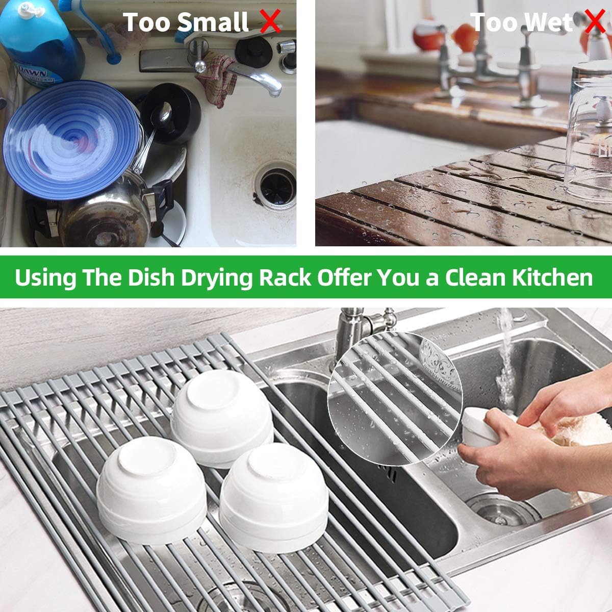 Dish Drying Rack Roll-up Multi-Use Over the Kitchen Drying/Draining Silicon Coated Steel Solid Round Rods with Heat Resistant