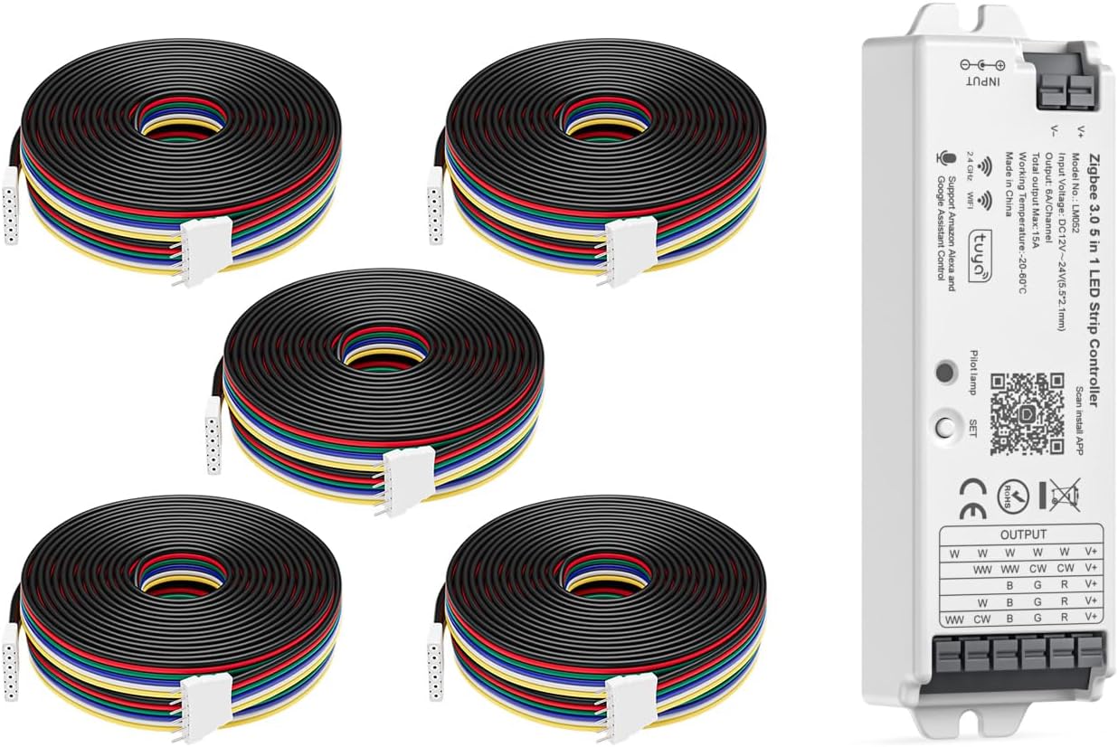 5pcs 22AWG 6 Pin JST Male Female Plug LED Connector 6.56ft(2m) Extension Cable for RGBCCT w/5in1 Tuya Zigbee LED Controller LM052