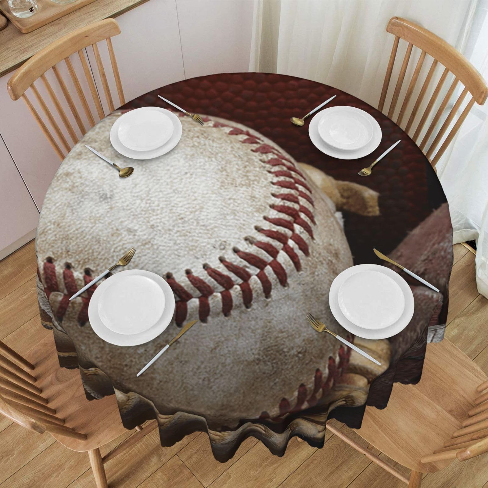 DCEHGEW 60 In Round Tablecloth with Lace, Baseball Printed Oilproof & Washable Fabric Picnic Table Cloth Table Covers