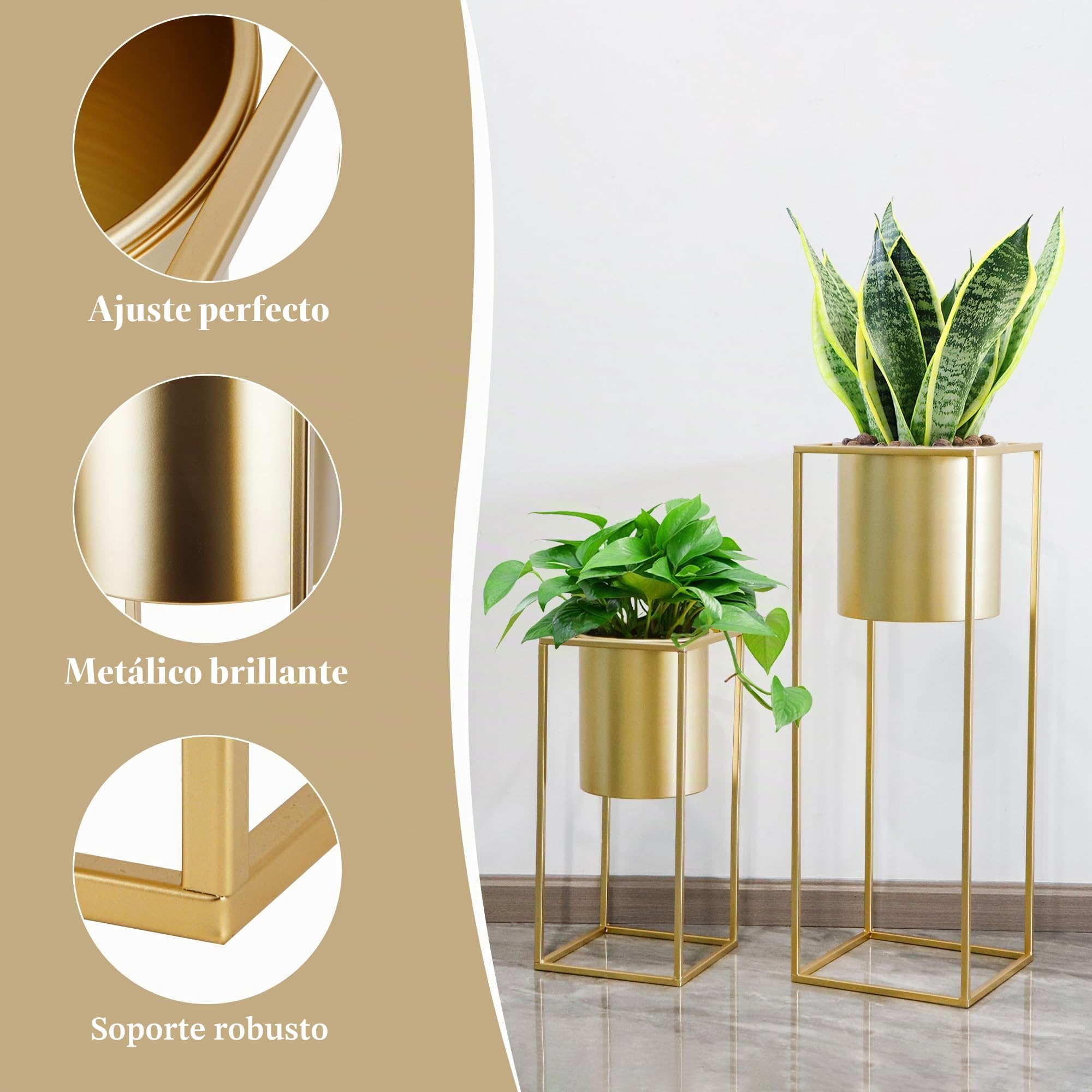 TRIROCKS - Juego de 2 macetas de flores doradas modernas con soporte para plantas de interior, 70 y 45 cm de altura, para salón, cocina, oficina, jardín, balcón, terraza (dorado)