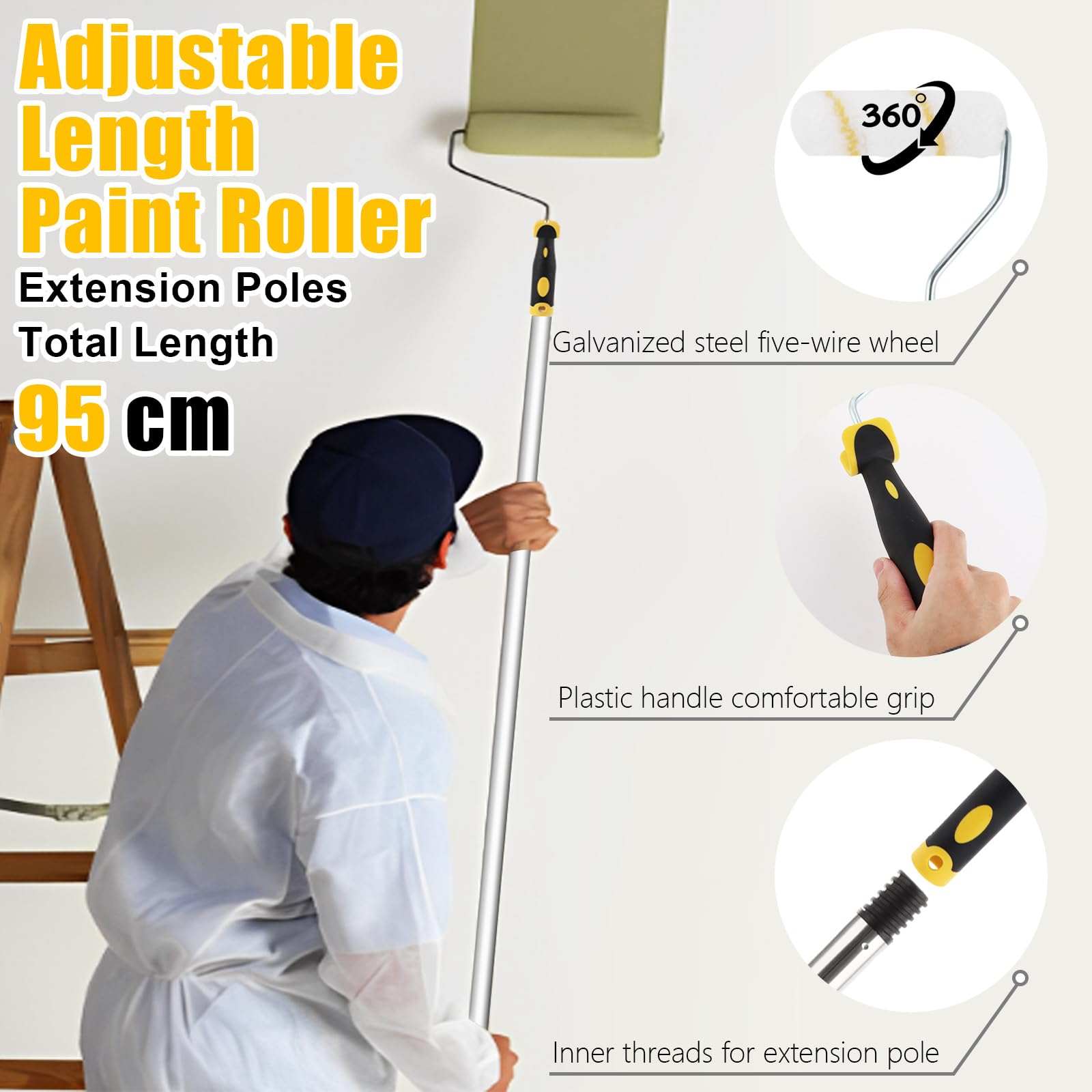 Juego de 14 rodillos de pintura, juegos de rodillos de pintura de 4 + 9 pulgadas para pintar, rodillos de pintura y bandejas con poste de extensión, mezclador de pintura, 4 fundas de rodillo,