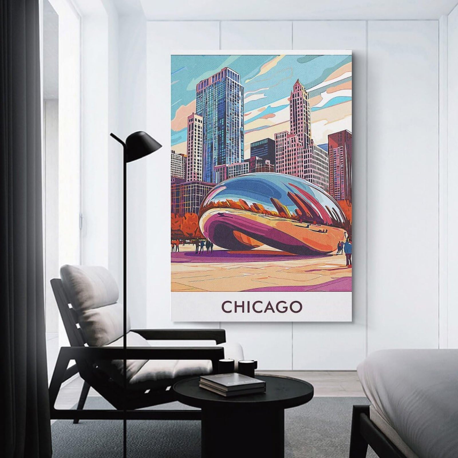 Junmoney Wall Picture Print Chicago Skyline with Cloud Gate, 24x36inch(60x90cm), for Workspace Walls, Study Corners Or Bedrooms, A Smart Decor Choice for Study Walls