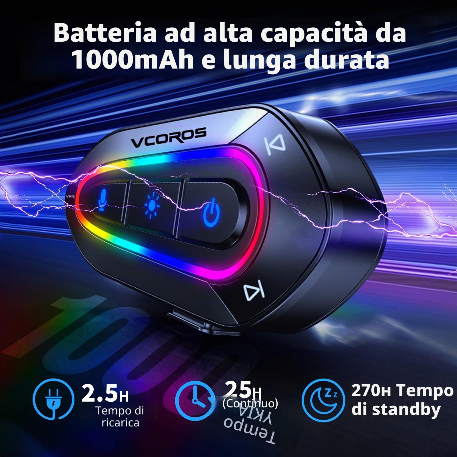 Casco Moto Auricolare,VR2 Casco Moto Bluetooth Auricolare per Singola, IPX6 Impermeabile,Modalità luce RGB,5.3 Cuffie Bluetooth per Moto,Auricolari Moto per Vivavoce AI Voice Control,Controllo Musica