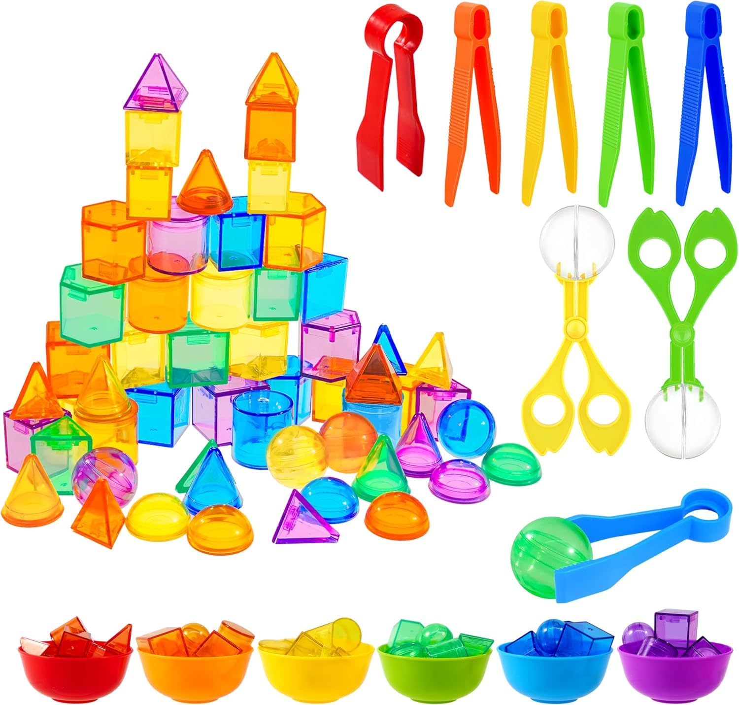 76 piezas de conteo de sólidos geométricos 3D, formas geométricas de plástico colorido, mesa de luz, manipulación, clasificación de conteo, llenado sensorial para mesa ligera, entrenamiento de